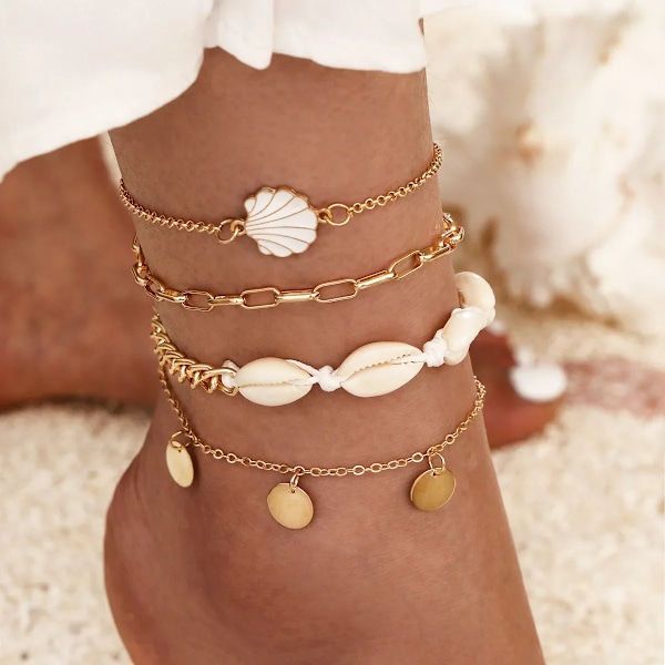 4Pc / Set Bohemia Shell Kedja Ankel Ankel Sets För Kvinnor Paljetter Ankel Armband På Benet Trendig Sommarstrand Gods Gåva 1