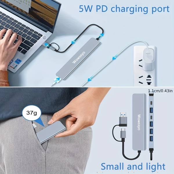 Hub USB C Multiport Adapter 17,78 Cm 1 Typ C Hub Adapter USB C till USB Ultra Slim Ports USB 3.0 / 2.0, USB-C DC-portar, För mobiltelefon Smartphone