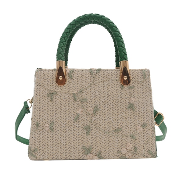 Halm Flettet Taske Kvinder Forår 2024 Ny Mode Casual Tote Taske Farve Kontrast Patchwork Stor Kapacitet Skuldertaske Green