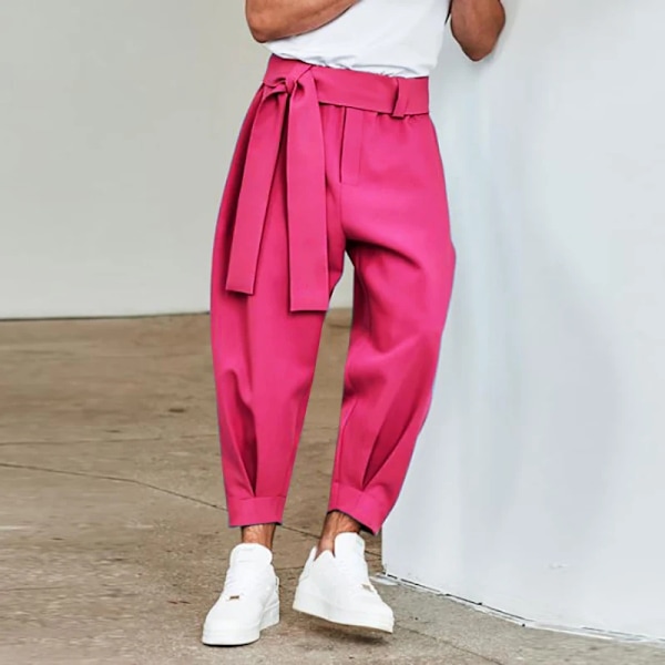 Mænds Baggy Bukser Casual Streetwear Bælte Høj Kvalitet Ren Farve Joggers Mode Harem Bukser 2023 S-3Xl Pink M