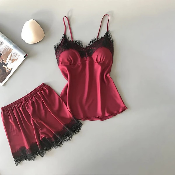 Sexigt Lace Pyjamas Dräkt Kvinnor V-Hals Sömnkläder Underkläder Casual Nightkklär 2XL Wine Red