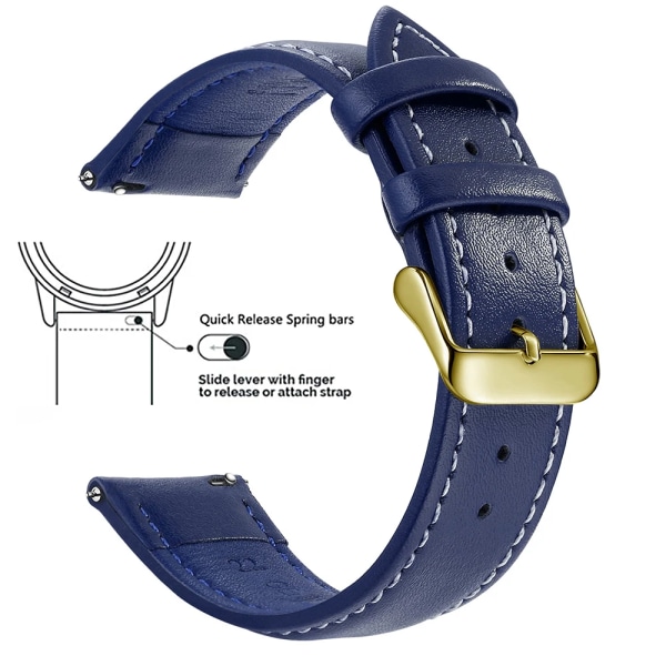 Top Grain äkta läder watch , Quick Release 18mm/20mm/22mm watch , Passar Samsung Galaxy Watch, Garmin Huawei Watch Blue White Gold