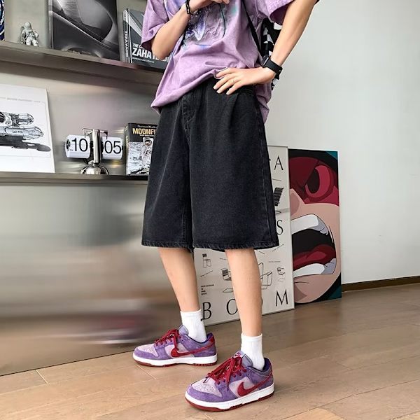 Ins Mode Varumärke Fifth Jeans Mäns Ungdom Japanska Harajuku Style Loose Straight Solid Color Casual Shorts Black And Gray XXL