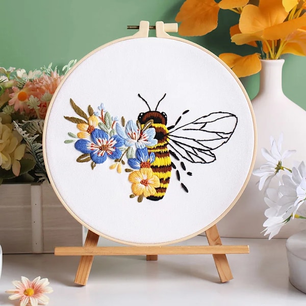 Bee Broderikit til begyndere Voksne Korssting Kits Håndbroderi med dyremotiv og instruktioner Diy Kits C17 with 20cm hoop