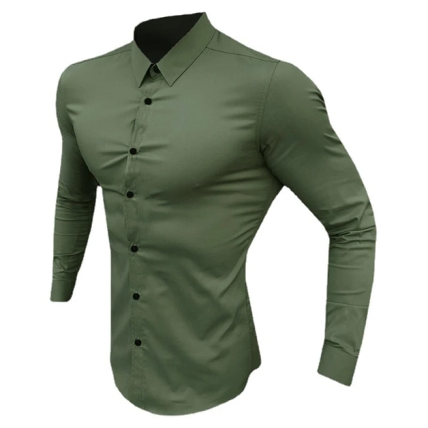 Höstmode Långärmad skjorta Herr Super Slim Fit Man Casual Social Business Klänning Skjorta Herr Fitness Sportkläder army green L
