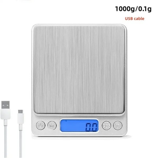 Kök Digital Våg Mini Pocket Våg Matlagning Mat Våg Precision Smycken Våg med bakgrundsbelyst LCD-skärm PCS Tara Funktion 1000g 0.1g USB