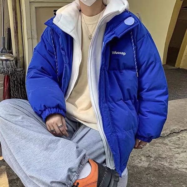 Klein Blå Fake Två-Stycke Huvad Rock Trendy Mäns Och Kvinnors Höst Och Vinterdesign Sens Niche Cotton- Padded Kläder Par Bomullspalade Kläder Grey L