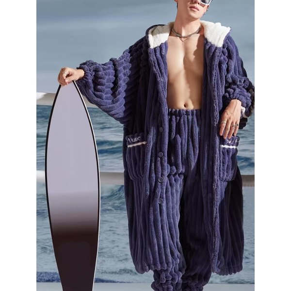 Plus Size Men's Trendy Pajamas Hooded Warm Cozy Flannel Robe After Bath, Solid Fleece Comfy Hoodie Lounge Wear With Pockets( Pants Not Included)