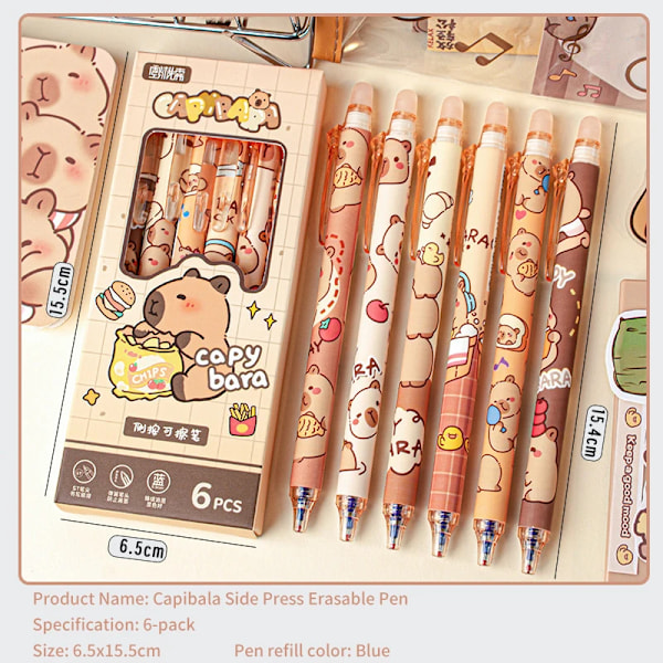 6Pcs Kawaii Capybara Gel Penna Svart Blå Bläck Snabbtorkande Söt Press Gel Pennor Estetiska Papperskolan Kontorsmateriel A1