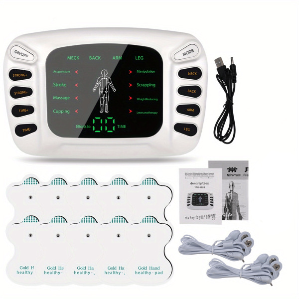 TENS Unit muskelstimulatormassageapparat med 8 st elektrodplåster, elektriskt komplett set & handskar & zonterapiskor, 8 lägen & 15 intensitetsnivåer