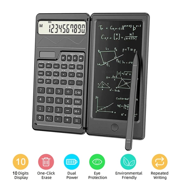Vikbara solenergivetenskapliga miniräknare och 6-tums LCD-skrivplatta Ritplatta Rita grafer för kontorsekonomistudenter Lärare Black