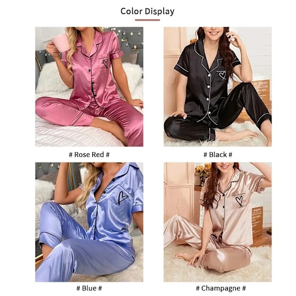 Kvinnors Pyjama Pocket Hjärta Broderad Pyjamas Set Satin Bekväm Kort Ärmknapp Pyjama Lounge Pant För Kvinnor Sov Kläder Blue L