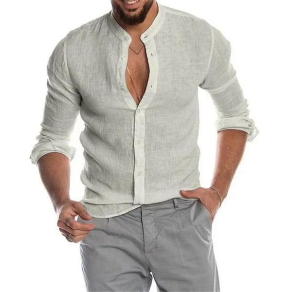 Nytt herrmode Casual Enfärgad skjorta Pullover Knapp Linne Bomull Bekväm daglig topp långärmad skjorta grey L