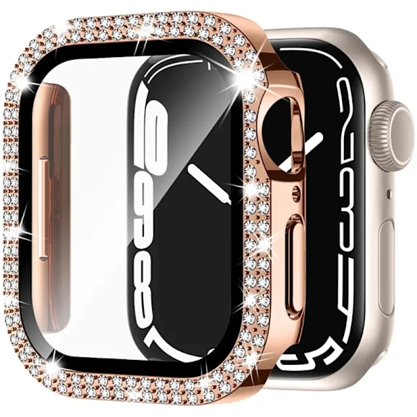 Glas+Diamant Cover til Apple Watch-kasse 40mm 44mm 41mm 45mm 38mm 42mm Bling Bumper Beskytter iWatch serie 9 3 5 6 7 8 se etui rose 41mm series 7 8 9