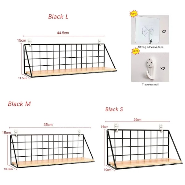 Vægmonterede Hylder Uden Boring Træ Hængende Hylde Til Stue Soveværelse Opbevaringskurv Vægdækning Stativ Organisering Black L