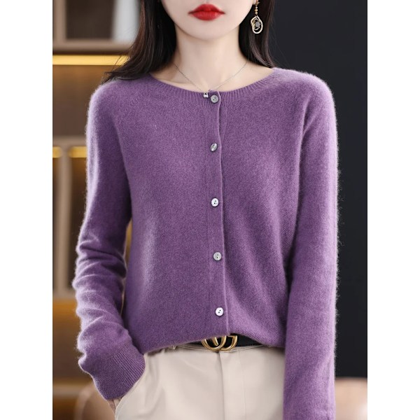 Addonee Kvinder 100% Merinould Sweater Cashmere O-Hals Cardigan Raglan Ærme Klassisk Strik Solid Fast Hion Basistøj PURPLE XL