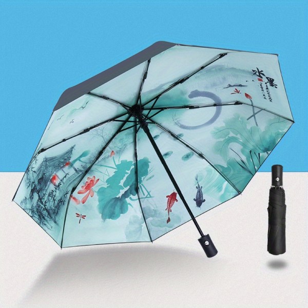 1 st vackert naturlandskap printed paraply, automatiskt paraply, soligt och regnigt dubbelt UV-skyddparaply, hopfällbart paraply, bärbart paraply