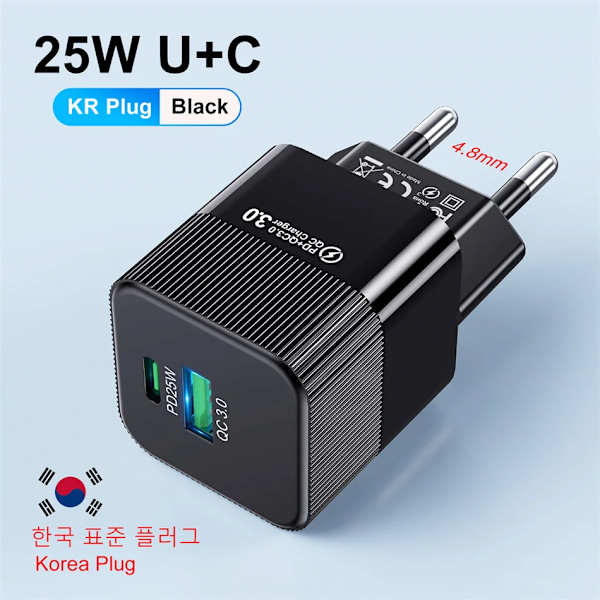 Uslion Korea Plug Pd25w 2 Portar Mini Usb C Snabbladdare För 15 11 Pro Max Xiaomi Phone Snabb Laddningsadapter För Resa KR PLUG BLACK