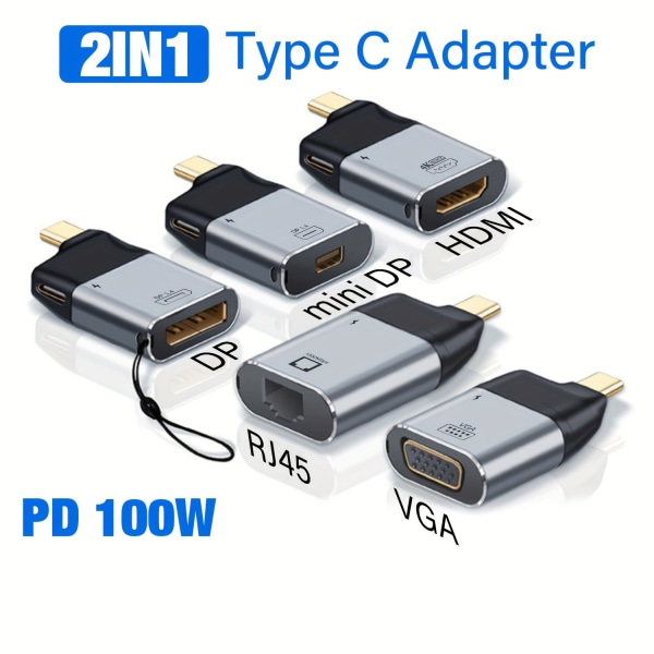 Andra generationens uppgraderad 2-i-1 typ C-adapter PD100W Snabbladdning 8k/4k@60Hz HD-videokontakt USB C till HDMI/RJ45/DP/Mini DP/VGA