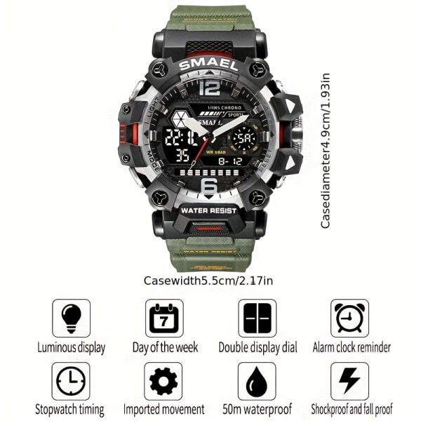 SMAEL Toppmärke Herrklockor Dual Display Quartz Watch för män Vattentät Sport Militär Armbandsur Led Digital klocka Black Grey