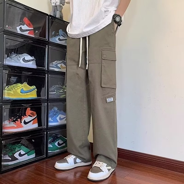 American-Style Multi-Pocket Rak Lastbyxor Mäns Våren Och Hösten Mode Märken Lös Funktionell Bred Ben Design Sense Re Casual Byxor Green M