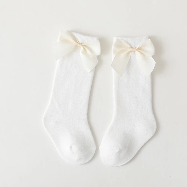 Ny Varumärke Baby Toddlers Socks Höst Vinterbarn Flickor Knä Hög Lång Strump Bomull Big Bow Spanska Style Kid S Golvsockor White 3-5 Years (L)