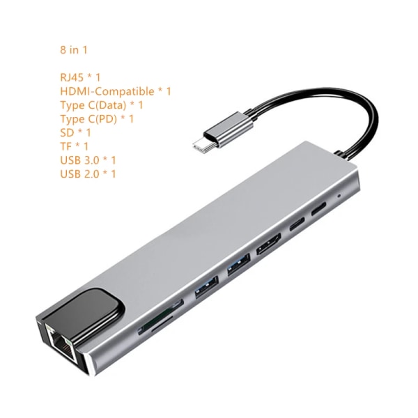 Rankman-airies USB C versus RJ45, Typ C, 4K, kompatibel HDMI, VGA, SD, TF, USB 3.0, 2.0, PD S6, Station för MacPle, iPad, Samsung S21, Dex, HDTV grey 8 in 1