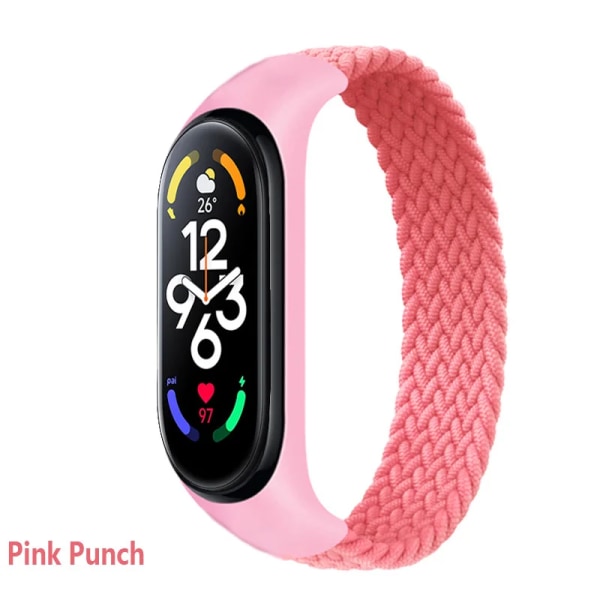 Armband för Xiaomi Mi band 6 7 Rem Nylon Flätad solo loop pulseira armband Miband5 Armbandsbälte Mi band 5 4 3 6 correa Pink Punch S  (150mm-160mm)