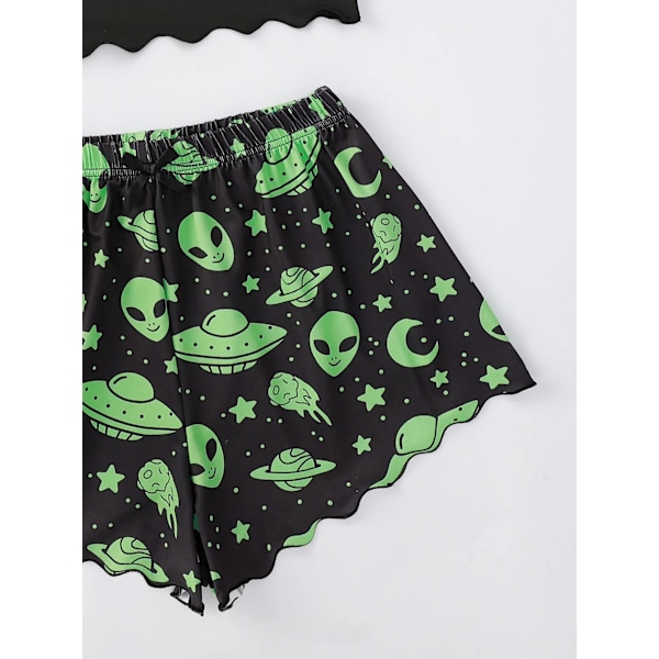 Ny Kvindernes Pyjamas Sexy Alien Print Sling Sling Sleepwear Set V-Hals Pyjamas Kvindelig Homewear Slank Sød Toppe Og Shorts black S