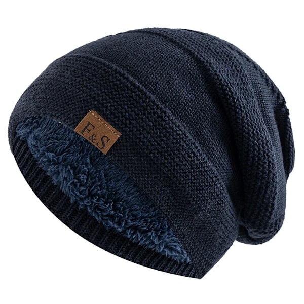 Nya Unisex Slöa Vintermössor med Pälsfodrade Herr- och Damvarma Beanie-mössor Casual Etikett Dekor Vinter Stickade Mössor Navy Blue 56cm-60cm