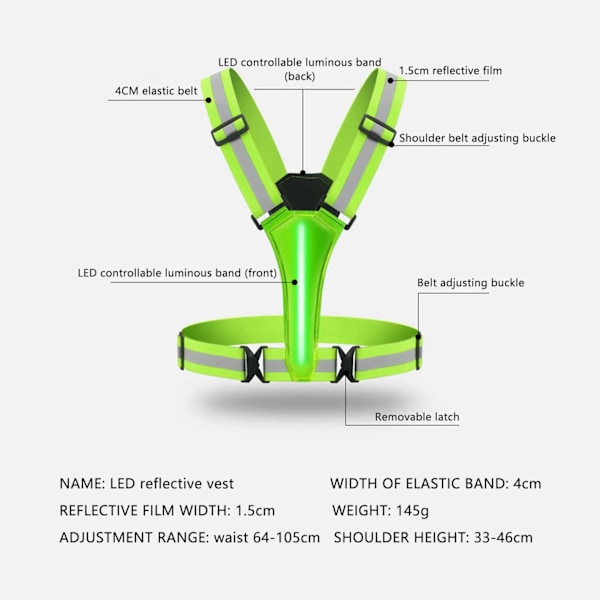 LED Refleksvest til Gåture om Natten Justerbare Løbelys Høj Synlighed Sikkerhedsbrug Natløb Udstyr green