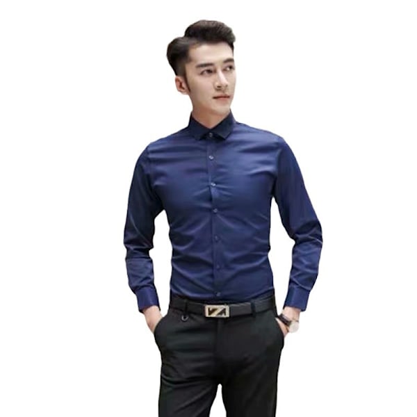 Vår Och Höst Långärmad Vit Skjorta Herr Koreansk Stil Slim-Fit Skjorta Professionell Skjorta Affärsklänning Arbetskläder Bröllopsklänning Dark Blue S