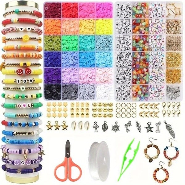 6800 st 24 färger platta runda polymerlerpärlor Kit med 900 st bokstäver pärlor och 2 fodral Elastiskt snöre, berlocker för DIY Armband Halsband Smycken 6800pcs-Clay Beads Kit