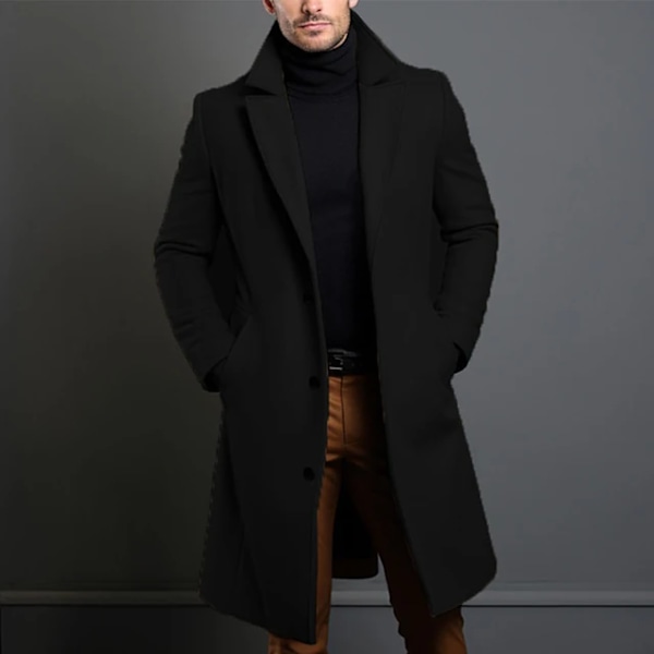 Varm Och Bekväm Black Trench Coat För Män Lång Ärm Enkel Bröstcoat Perfekt För Höst Och Vintern Black L