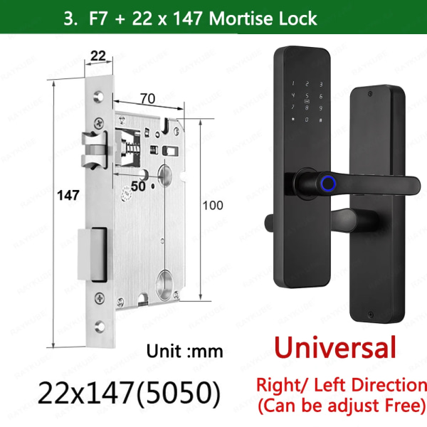 F7 TT-lås Smart fingeravtryckslås Elektriskt dörrlås med längre Större handtagspaneler Spegeldesign APP Fjärrkontroll 22x147