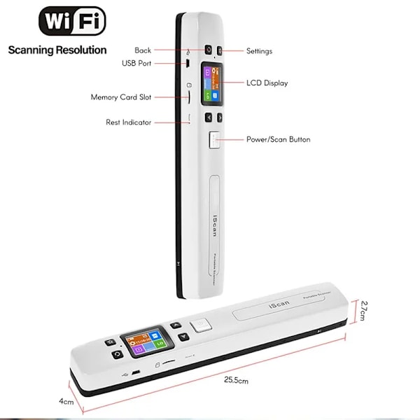 Iscan A4 Mini Bærbar Dokument & Billeder Fotoscanner WiFi 1050 DPI JPG/PDF Håndholdt Højhastighedsscanner Til Skole Erhvervsbrug Black-Wifi