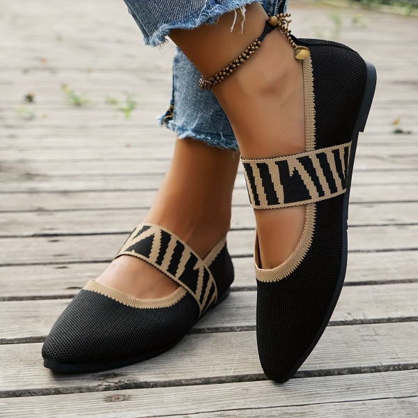 Kvinnors spetsiga tå, ventilerande mjuk sula stickade slip-on skor, Casual Balett Flats Black CN38(EU37.5)