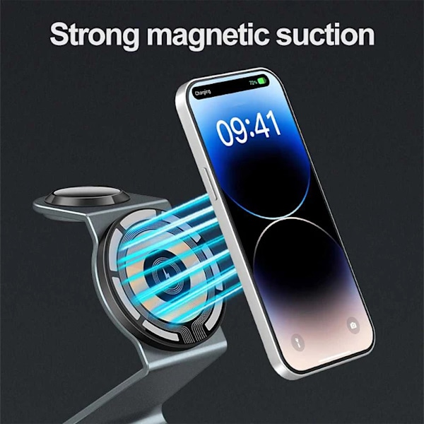 3 I 1 Magnetisk Trådlös Laddare Stativ Transparent För Iphone 12 13 14 15 Pro Max Klocka Airpods Black And QC EU Plug