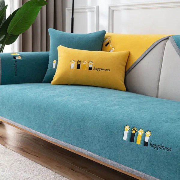 Nordic Simple Sofa Cushion Four Seasons Universal , halkfritt cover Chenille High-end kudde Cover Tyg Cat s Paw Blue 90*210cm