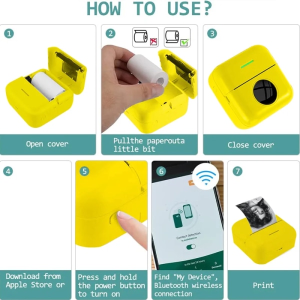 Pocket Printer Wireless BT Thermal Printers med 1 rulla utskriftspapper och 1200mAh batteri, bärbar bläckfri skrivare 3 X Color Pape