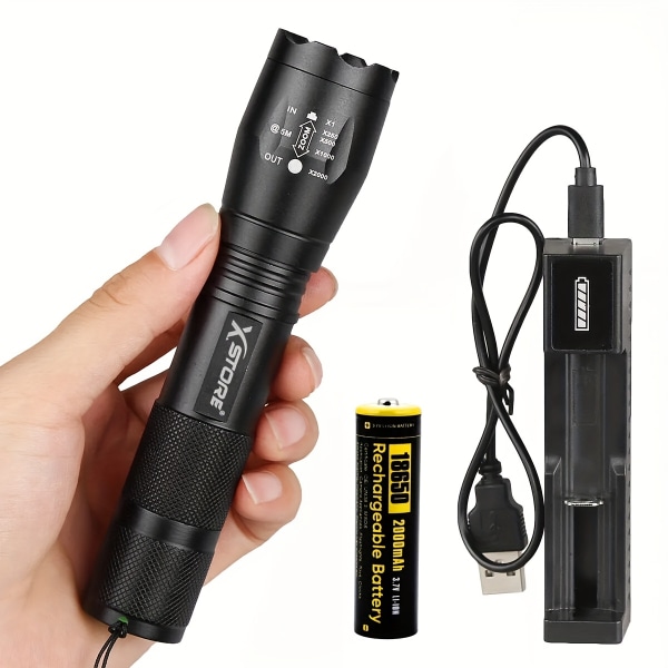 LED-zoombar ficklampa W/18650 batteri & USB -laddare, superljus 5 lägen mini bärbar ficklampa för camping utomhus nödsituation Black