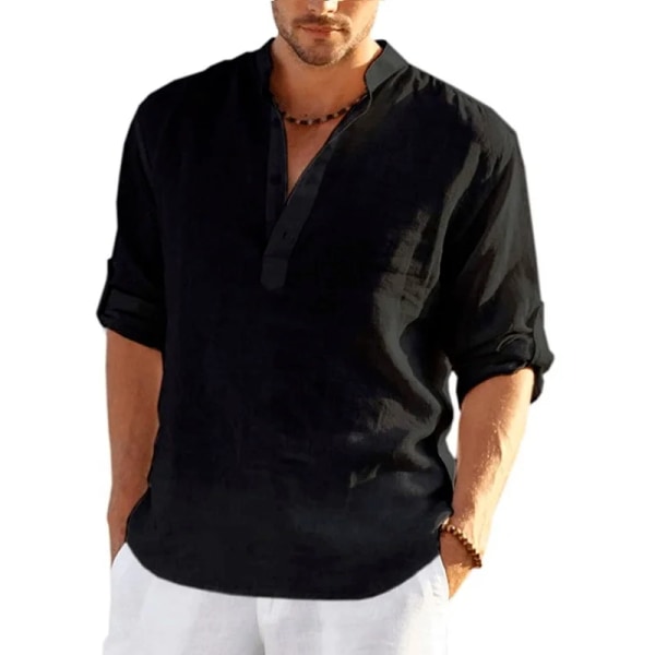 Ny Långärmad T-shirt i linne för män Enfärgad lös casual Långärmad bomullslinneskjorta khaki 4XL
