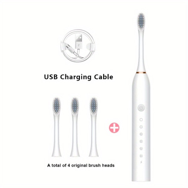 Uppladdningsbar sonic tandborste - Vattentät, automatisk, USB laddning, utbytbara borsthuvuden White