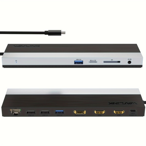12-i-1 USB C dockningsstation för tre skärmar, Universal Thunderbolt Type-C Displayport Dock Dual 4k Audio Interface Monitor Adapter USB Splitter Black