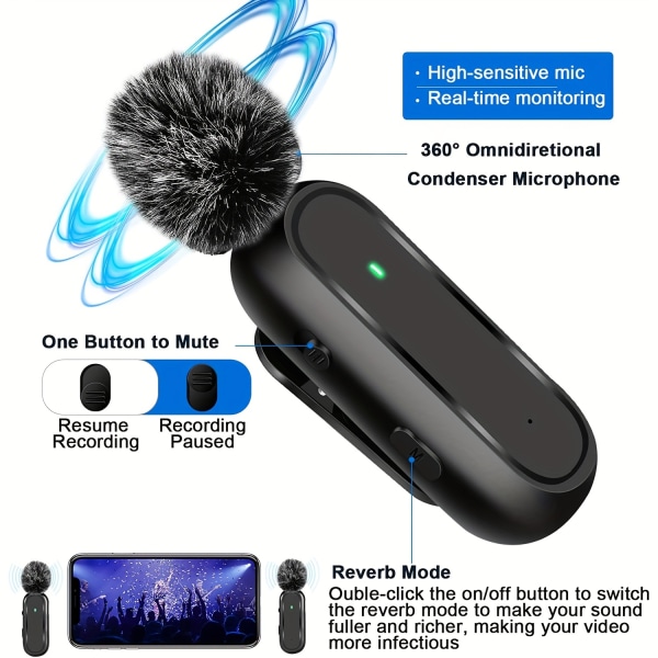 2-pack trådlös Lavalier-mikrofon för IPhone IPad för Samsung och Android-enheter med case/hörlurar Plug-Play 8H Clip On Lapel Microphone
