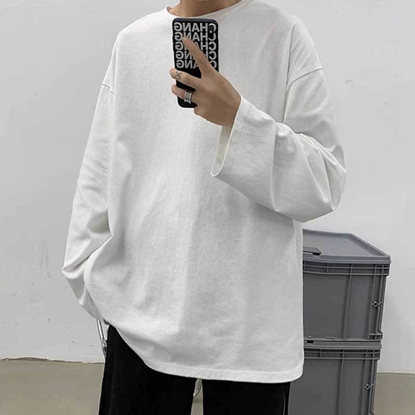 Syksyn Plus-kokoinen pitkähihainen T-paita miehille, Hong Kong -tyyli, trendikäs merkki, muodikas huipputyylikäs rento pyöreä pohjapaita, ohut sisäinen T-paita Pure Cotton 200G White L
