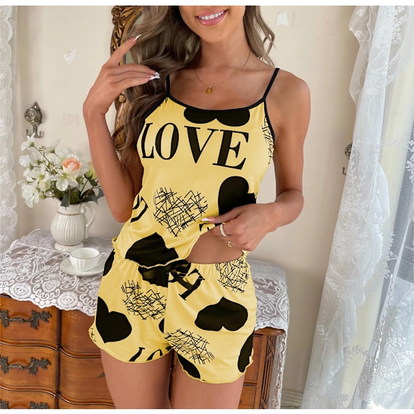 Kvinnors Hjärta Print Sommar Sömnkläder Cami Top Och Shorts Natt Sömnskläder Påklädd Pyjamas 2 Pcs One Set Comf Topp Med Shorts Pyjamas Yellow XXL