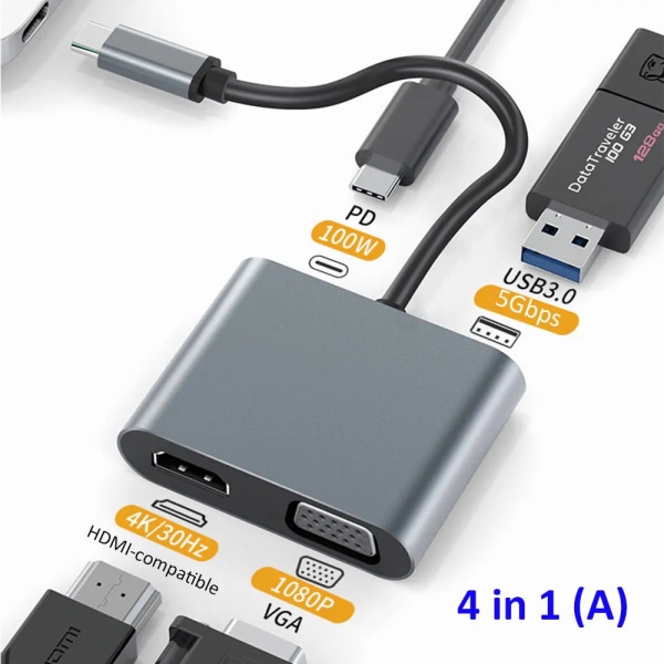 MZX-airies USB HDMl 4K, Extension 3 0 S6 versus HDMI VGA för Ordinateur Portable, Adaptateur Répartiteur, Station d'Accueil de Type Typo C 4in1 HDMl VGA