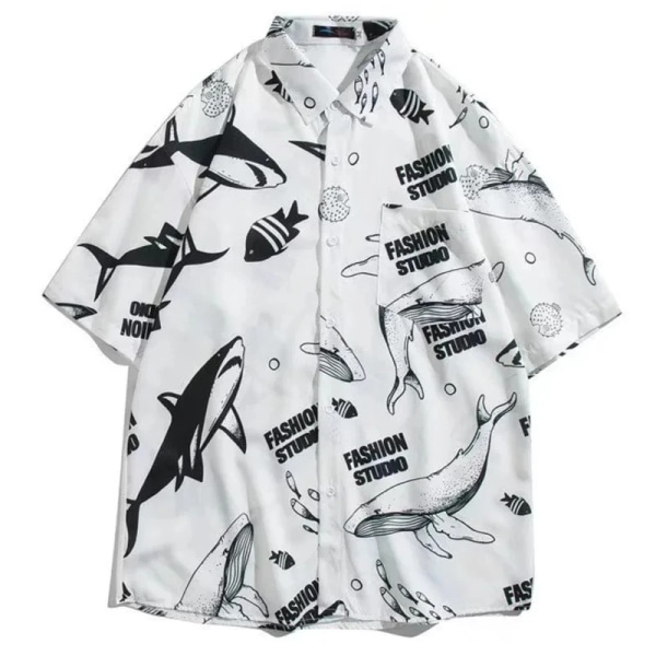 Män Gatumode Sommar Daglig skjorta Hawaiianskt tecknat print Casual lösa skjortor Kortärmade strand lösa toppar army green M