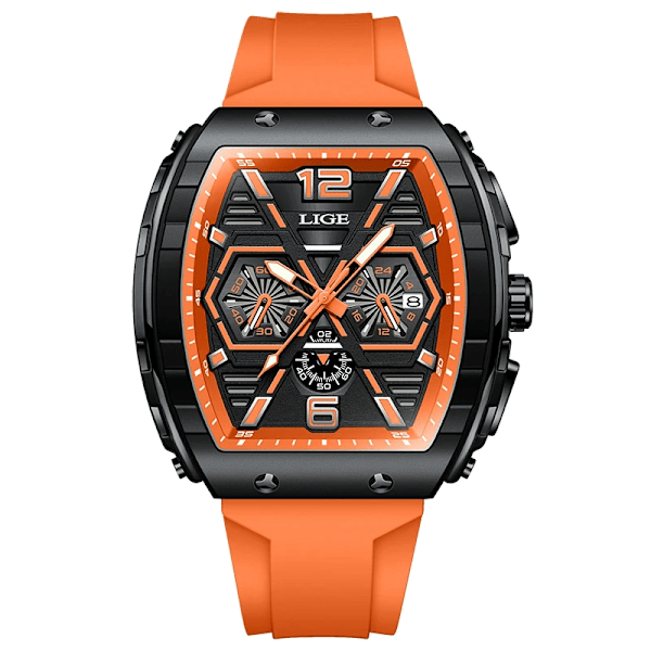 LIGE Outdoor Kvadratisk Casual Sport Kvarts Herre Ur Top Brand Luksus Ure Mode 50M Vandafvisende Automatisk Dato Silikon Chronograph Orange